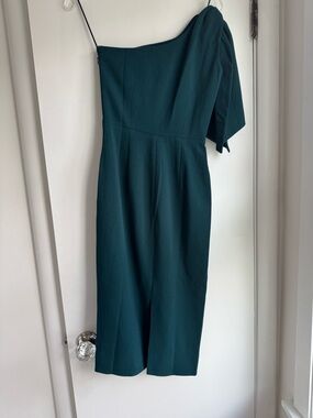 XXS Dress the Population Tiffany One-Shoulder Teal Midi Dress
